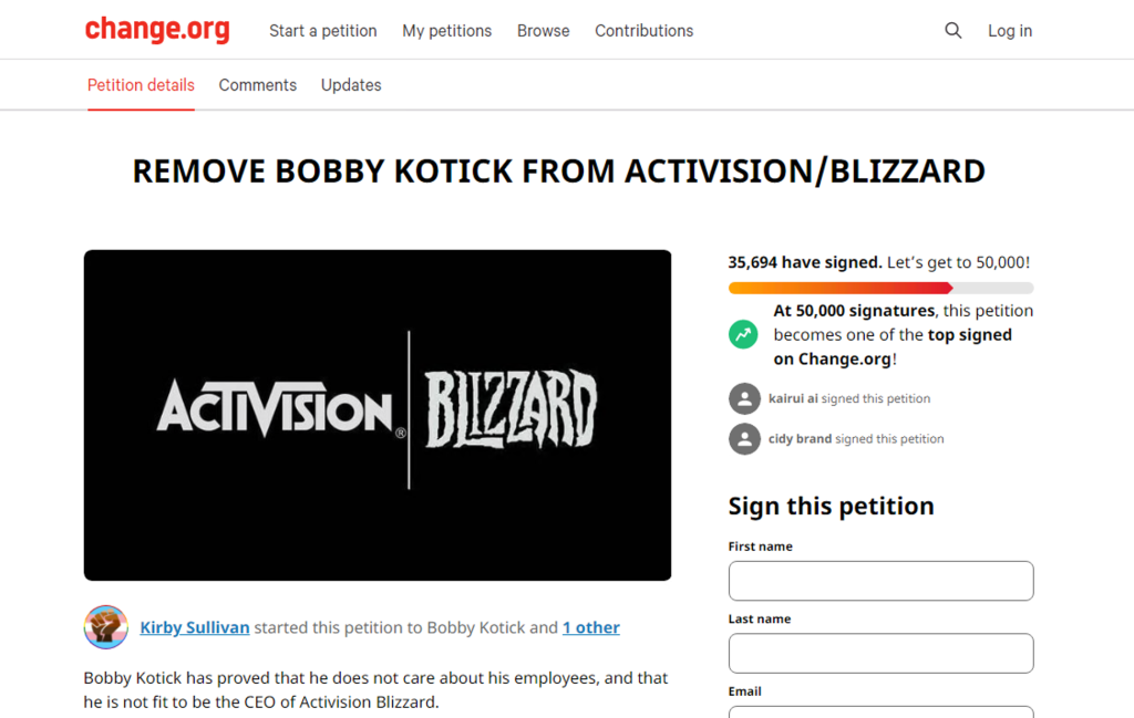 Petition calls for ousting of Blizzard CEO Bobby Kotick