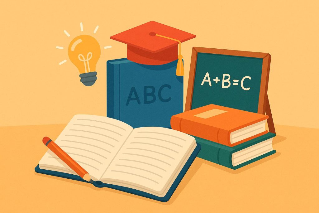 Stack of colorful books, pencils, and a notebook symbolizing planning for child education