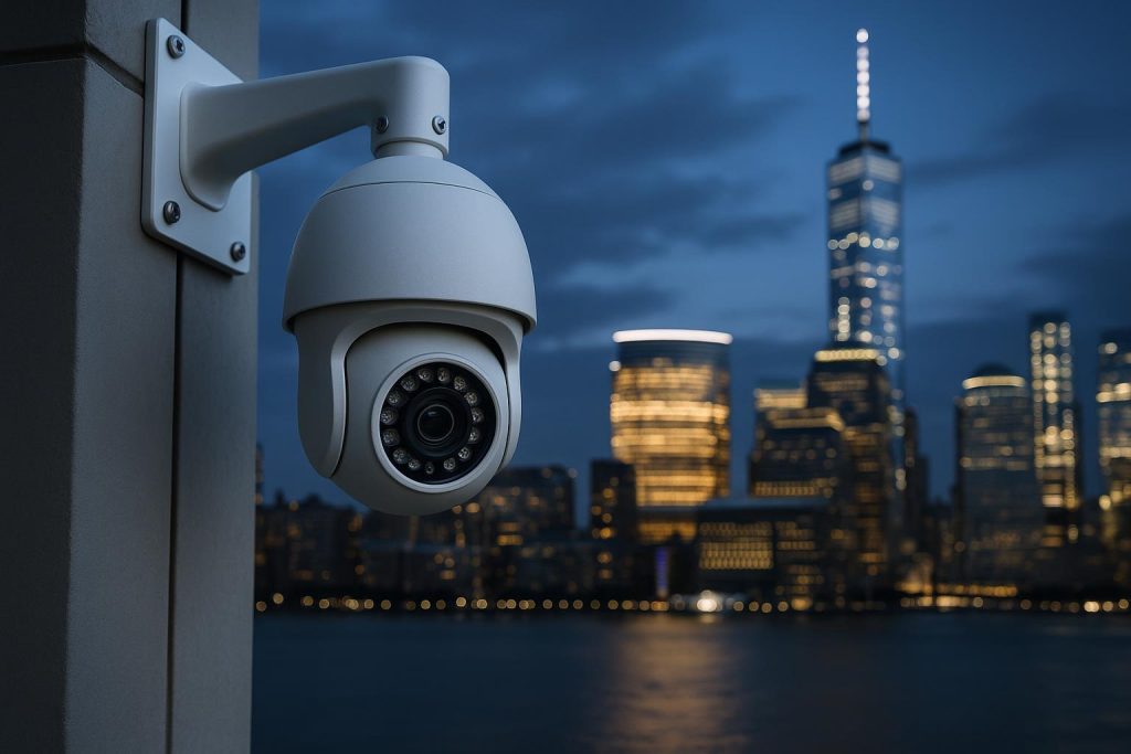 Commercial security cameras on NYC building, enhancing business protection and asset security