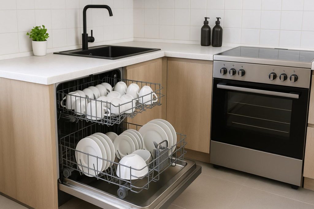 Modern condo kitchen highlighting an energy-efficient built-in dishwasher appliance