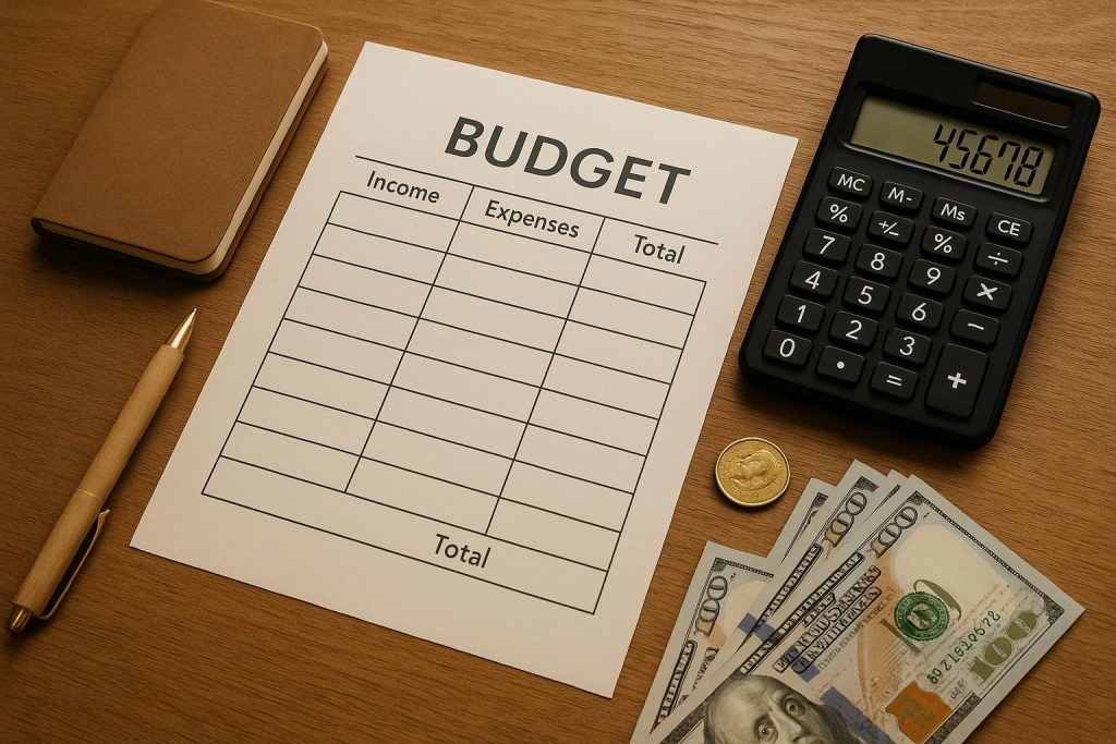 Organized budget planner, calculator, and pen on a desk symbolizing effective financial planning