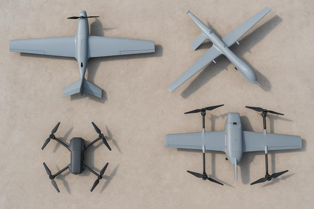Various types of unmanned aerial vehicles (UAVs) displayed in flight against clear sky