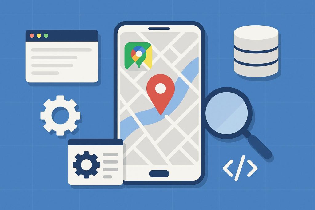 Laptop screen displaying Google Maps data extraction tools and location markers for business leads.