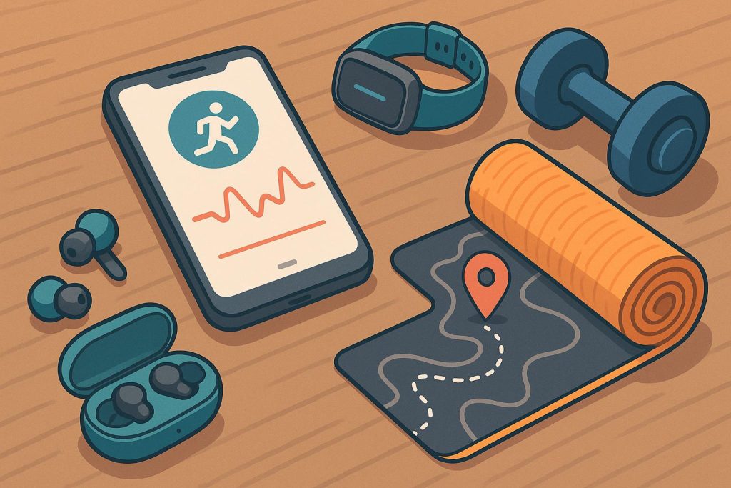 Fitness tracker and smartphone displaying workout stats with dumbbells on a yoga mat