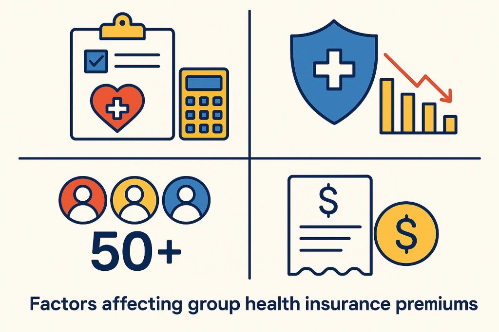 Group health insurance policy documents, calculator, and stethoscope on a desk