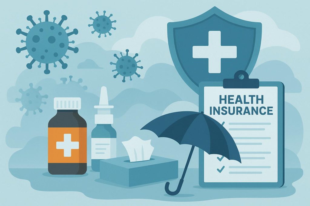 Health insurance concept with medical icons, stethoscope, and shield protecting against seasonal illnesses