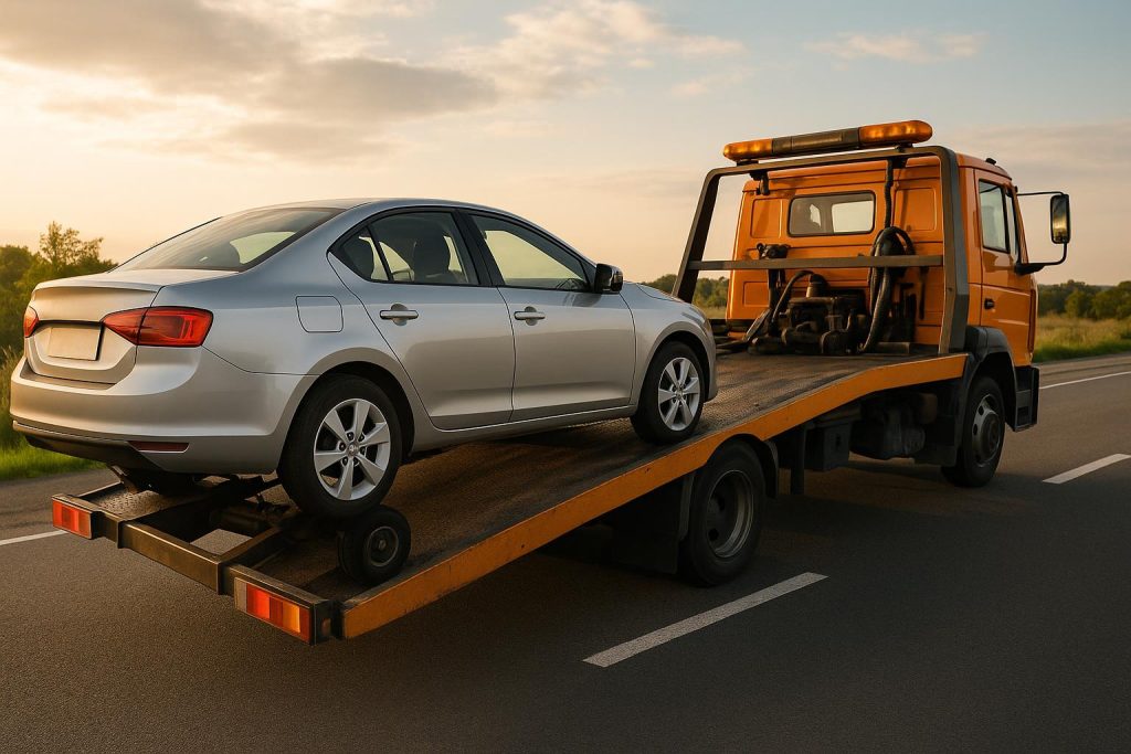 Tow truck assisting a stranded car on the roadside, representing 24/7 reliable car towing services