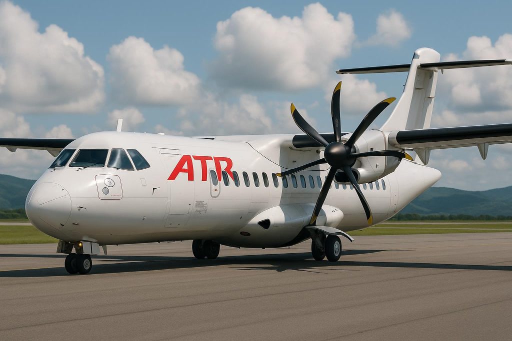 ATR turboprop aircraft flying, highlighting fuel-efficient design and PW127XT engine upgrade
