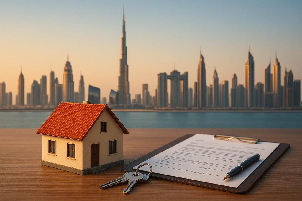 Modern Dubai skyline with luxury apartments and iconic Burj Khalifa representing real estate investment