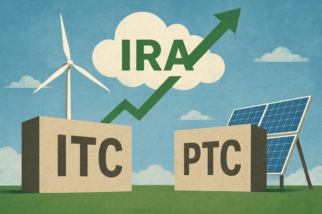 ITC vs PTC: What The Inflation Reduction Act Means For Renewable Energy Project Incentives Solar panels and wind turbines symbolize renewable energy incentives under Inflation Reduction Act
