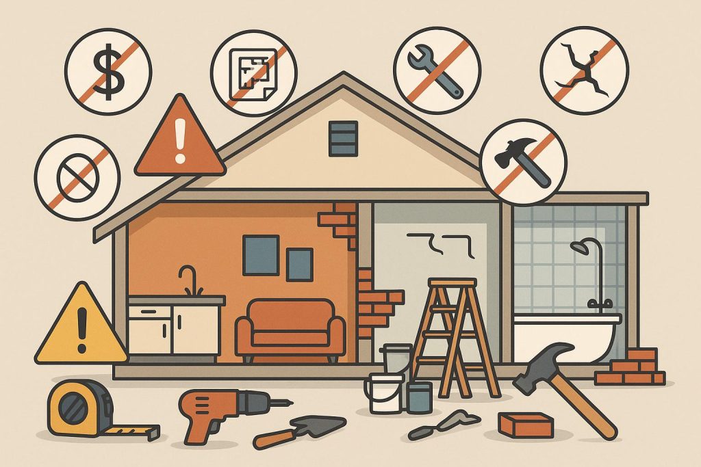 Critical Home Renovation Pitfalls and How to Avoid Them Contractor examining bathroom renovation with exposed pipes and construction materials for safety issues
