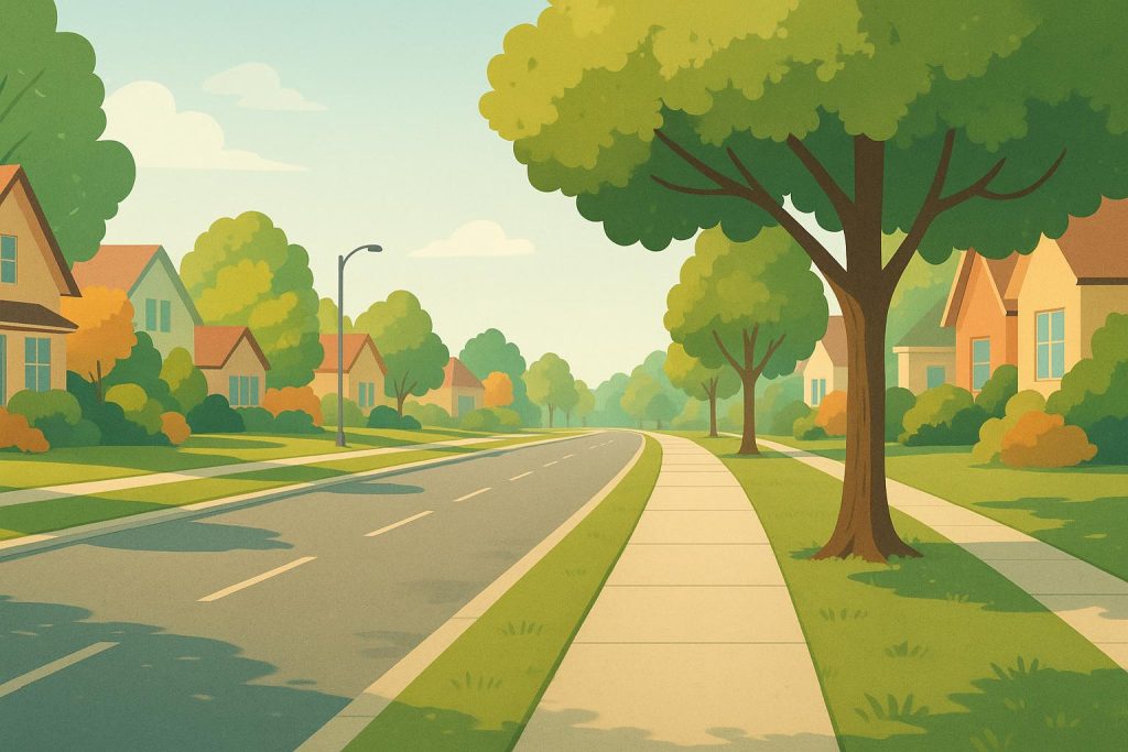 The Health Gains of a Neighborhood Stroll Tree-lined urban sidewalk with greenery, illustrating neighborhood walking benefits for health