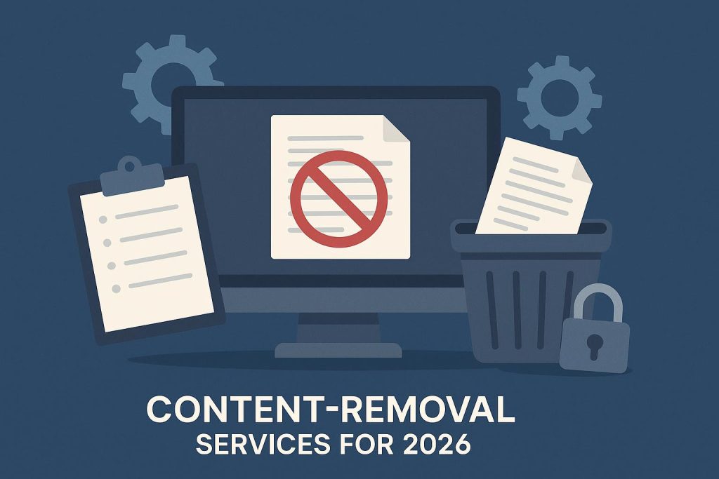Illustration of digital content removal tools and icons symbolizing online protection for businesses