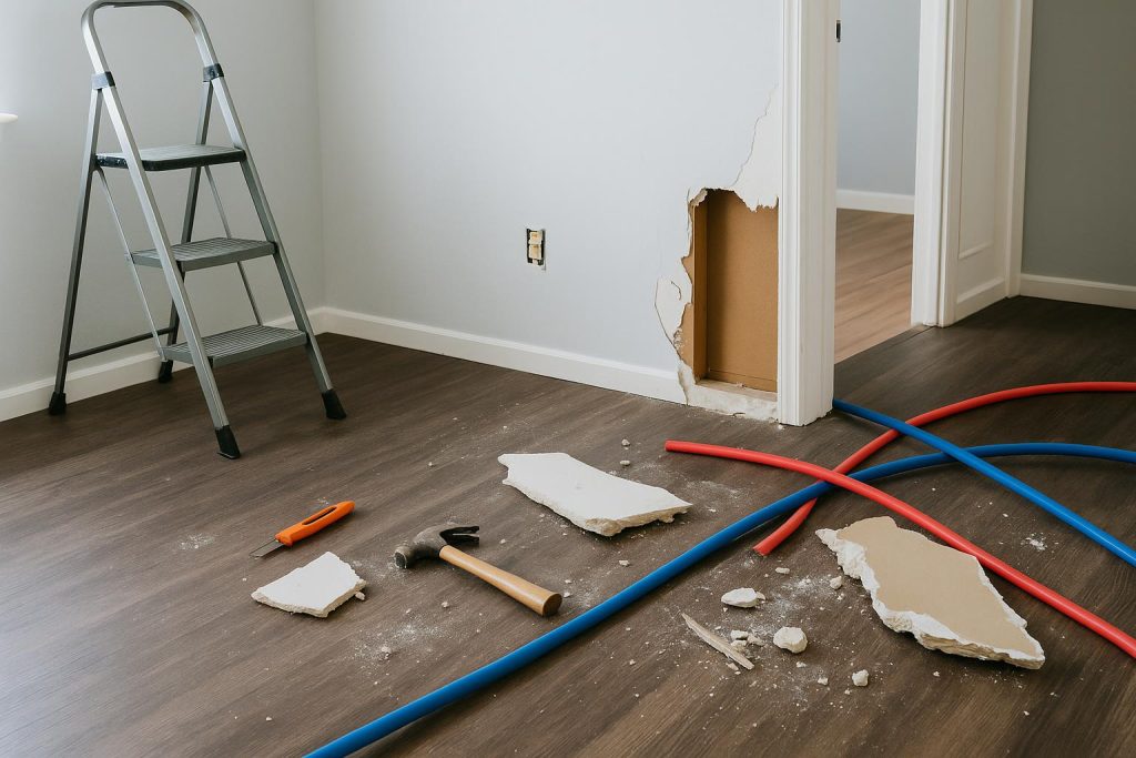 Avoid These Frequent Home Renovation Mistakes in 2026 Common home renovation mistakes—cluttered tools, mismatched paint, uneven flooring, faulty wiring