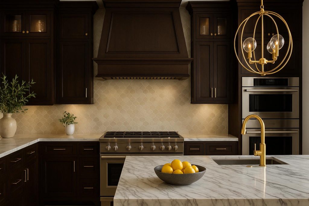Modern luxury kitchen with high-end appliances, custom cabinetry, and marble countertops