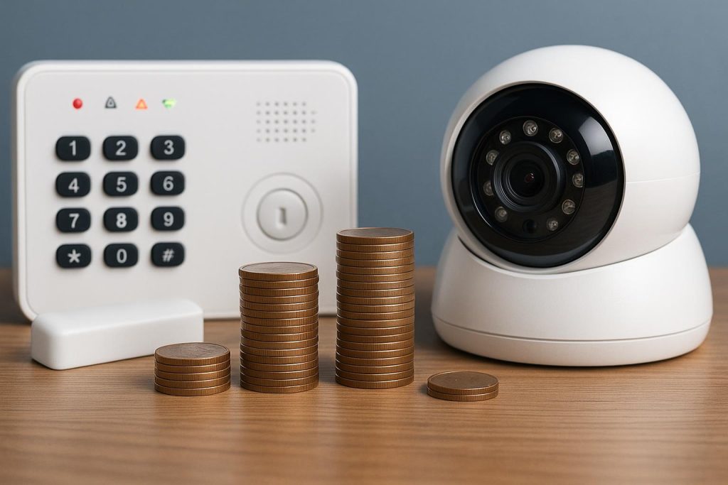 Smart home security devices and cameras installed in a modern house entryway