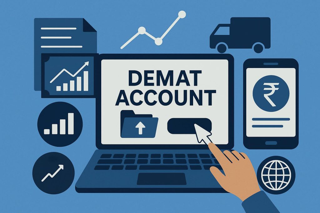 Online Demat account opening process with digital documents and trading interface illustration