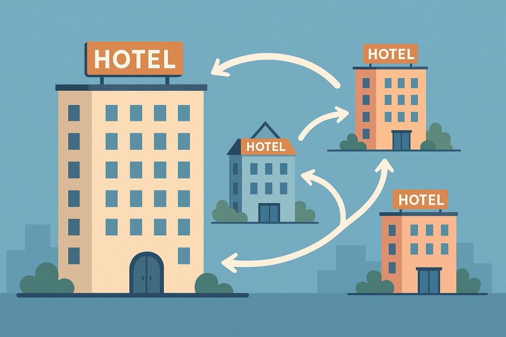 Multiple hotels connected by digital data streams representing multi-property management solutions