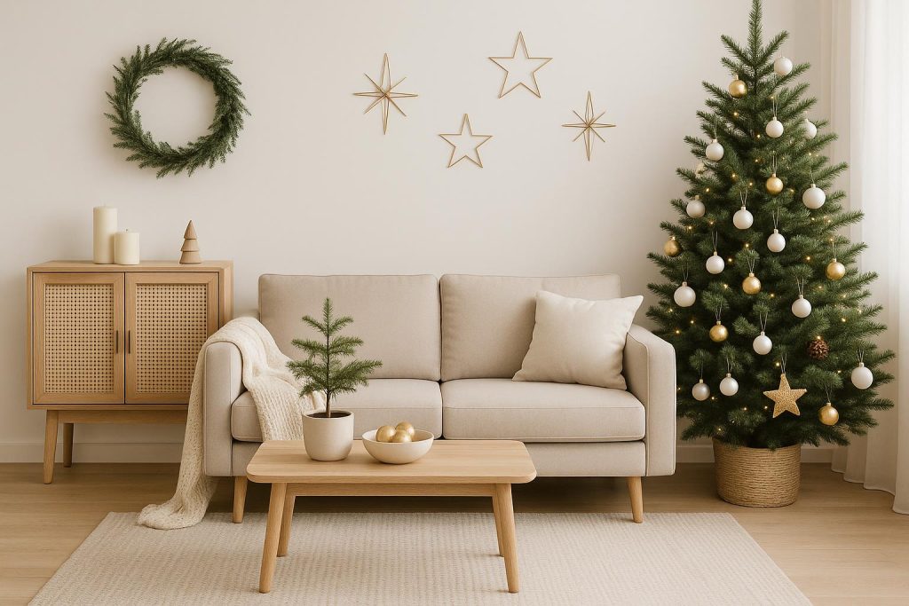Chic & Minimalist Christmas Decor Ideas for Your Condo Modern condo living room decorated with minimalist Christmas wreaths and neutral festive accents