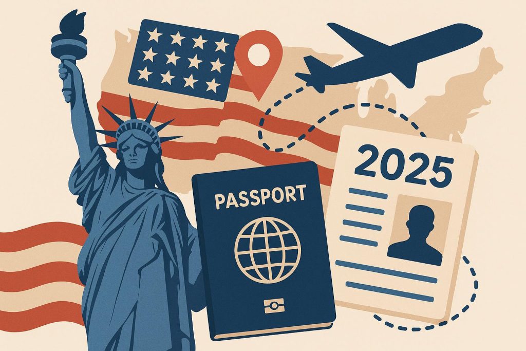 The Complete Guide to Navigating the U.S. Immigration Journey in 2025 U.S. immigration process guide with passport, visa documents, and American flag background