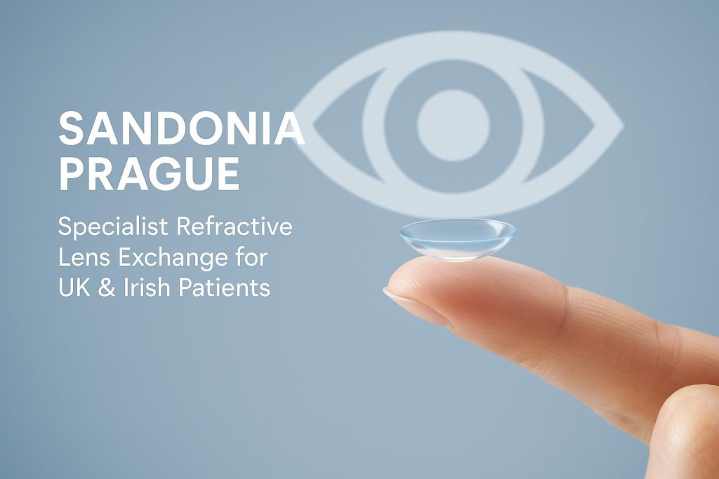 Sandonia Prague clinic exterior specializing in refractive lens exchange for UK and Irish patients
