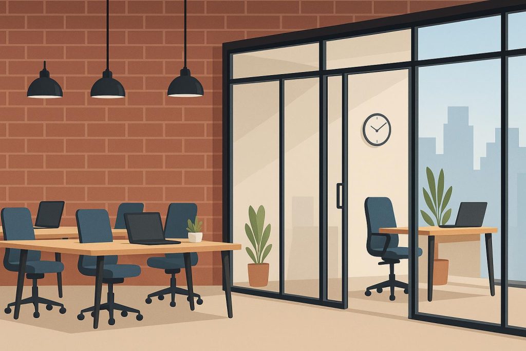 Why Startups Go for a Serviced Office Over Traditional Space Modern serviced office interior with collaborative workspaces and startup branding elements