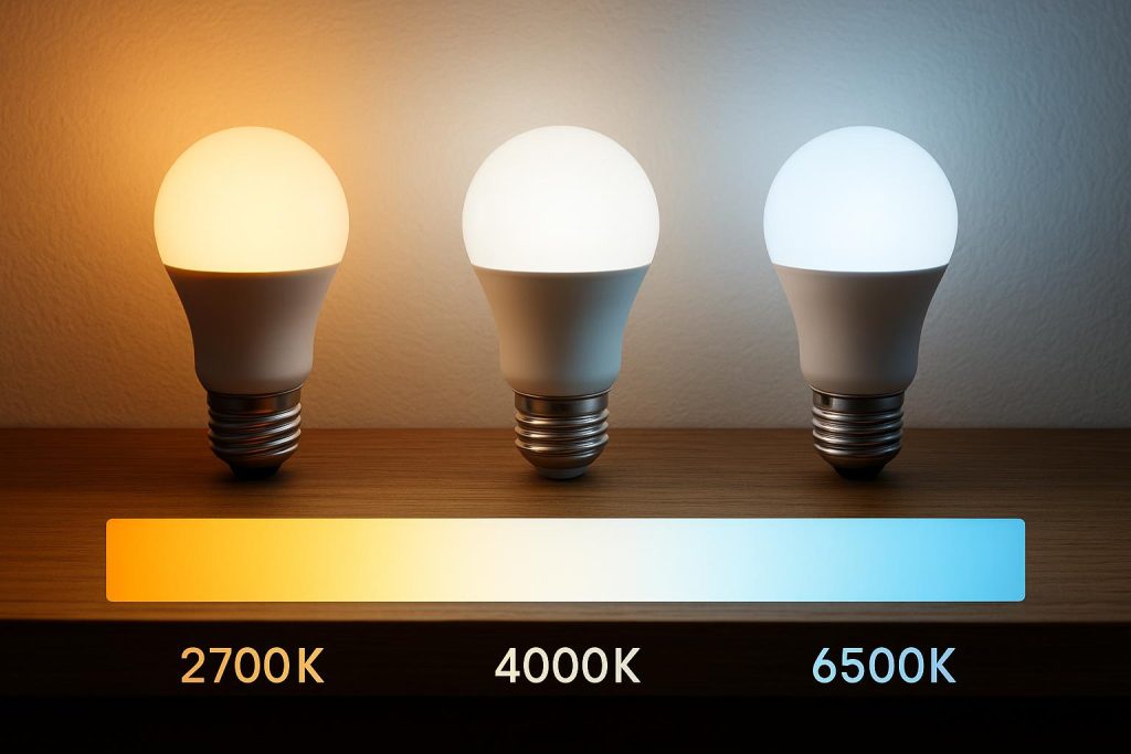 LED bulbs displaying varying light colors to illustrate different colour temperatures for home lighting