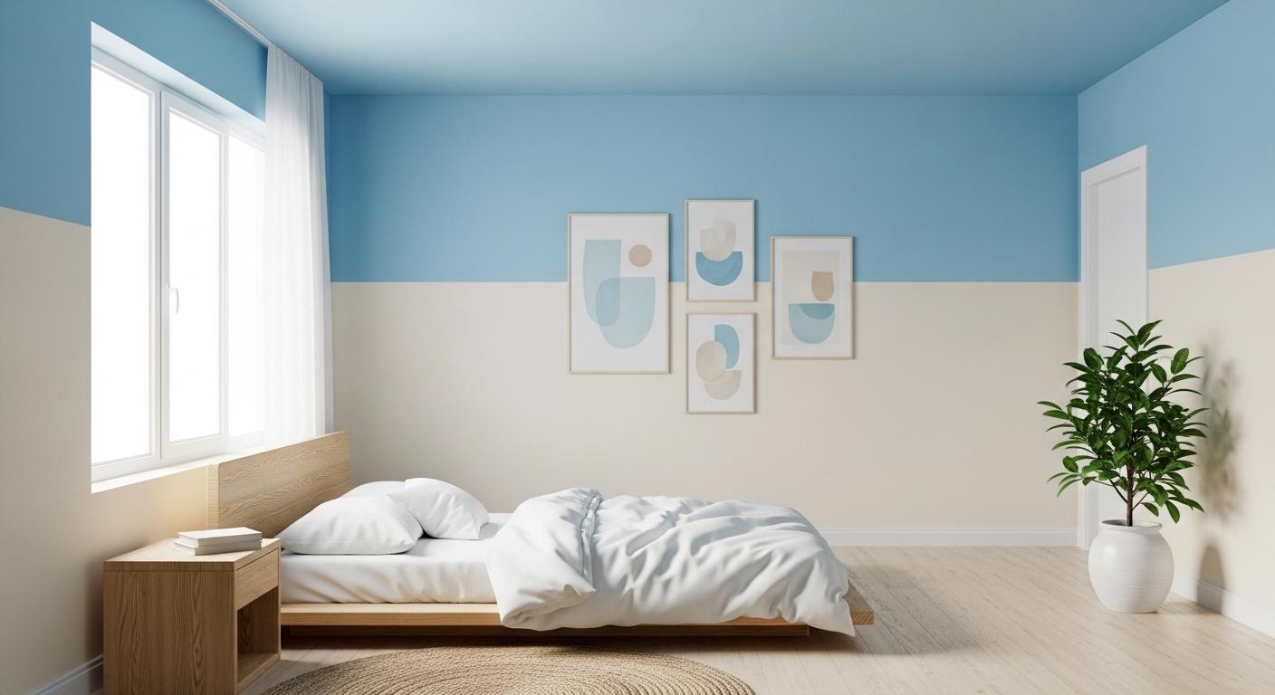 A bed in a room with blue and white wallsAI-generated content may be incorrect.