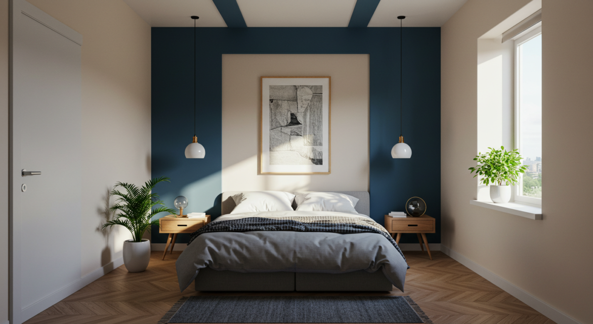 A bedroom with a bed and a picture on the wallAI-generated content may be incorrect.