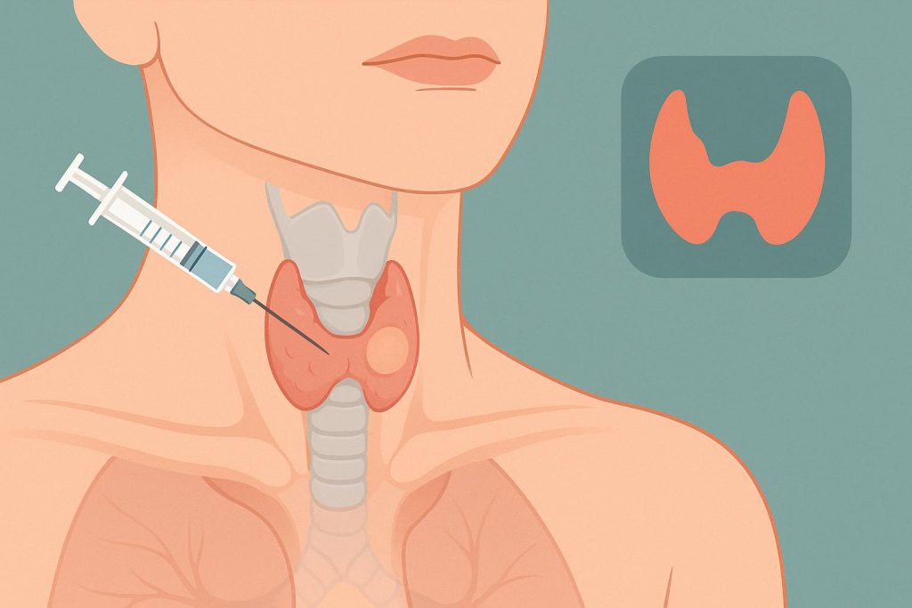 Thyroid ultrasound scan showing nodule evaluation as part of biopsy and surgery decision-making