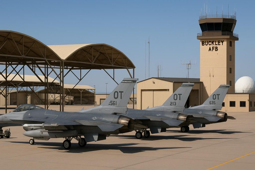 Danielle Jurinsky: Strategic Insights Into Buckley Air Force Base Operations Aerial view of Buckley Air Force Base highlighting operational zones and strategic facilities