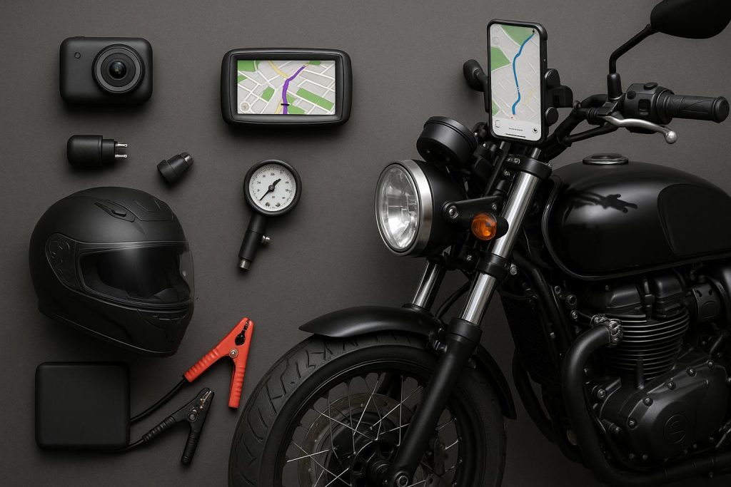 Six Essential Gadgets for the Modern Motorcycle Owner Assorted modern motorcycle gadgets and accessories displayed on a garage workbench