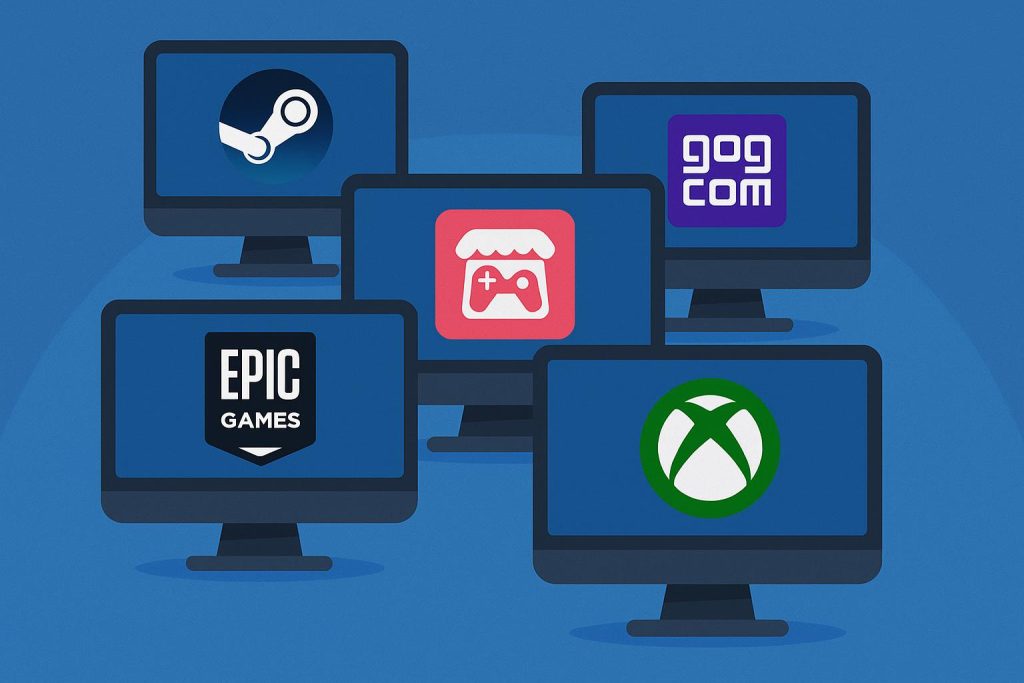 Logos of top Steam alternatives displayed on digital devices against a gaming-themed background