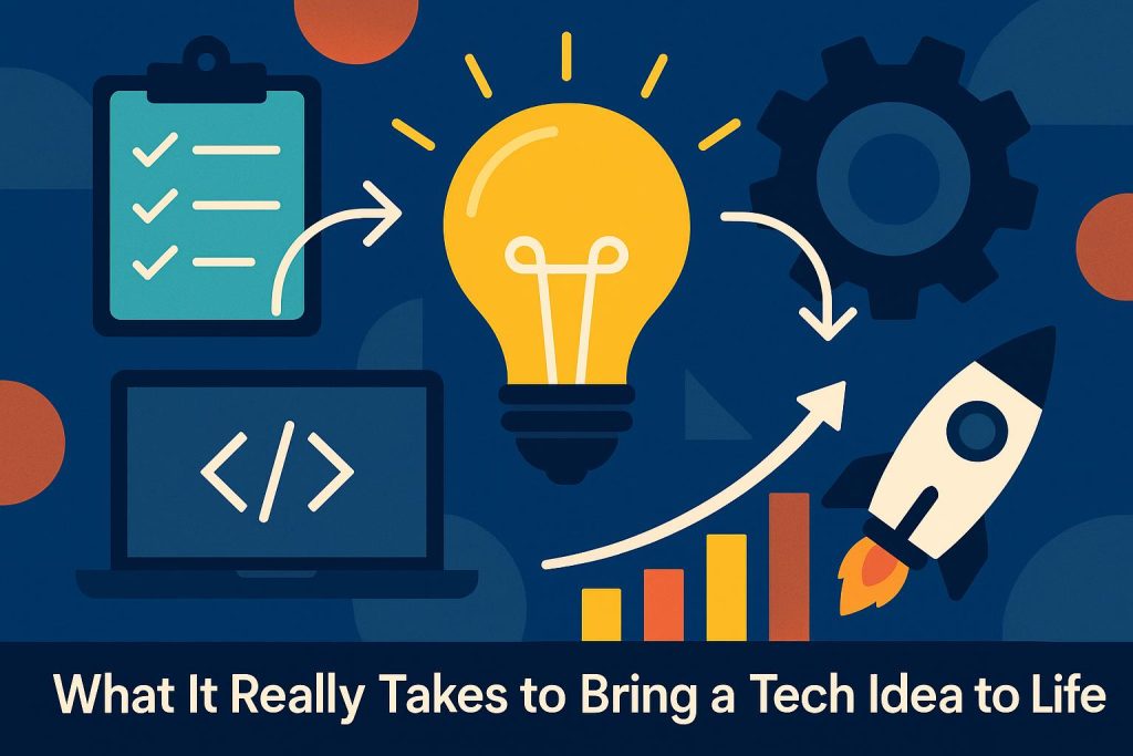 What It Really Takes to Bring a Tech Idea to Life Innovator developing tech prototype with digital tools and brainstorming on startup project
