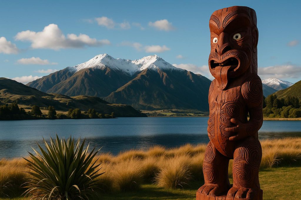 Ken Mwatha: Exploring the History and Traditions of New Zealand Traditional Maori carving standing amid lush New Zealand landscape, symbolizing local heritage