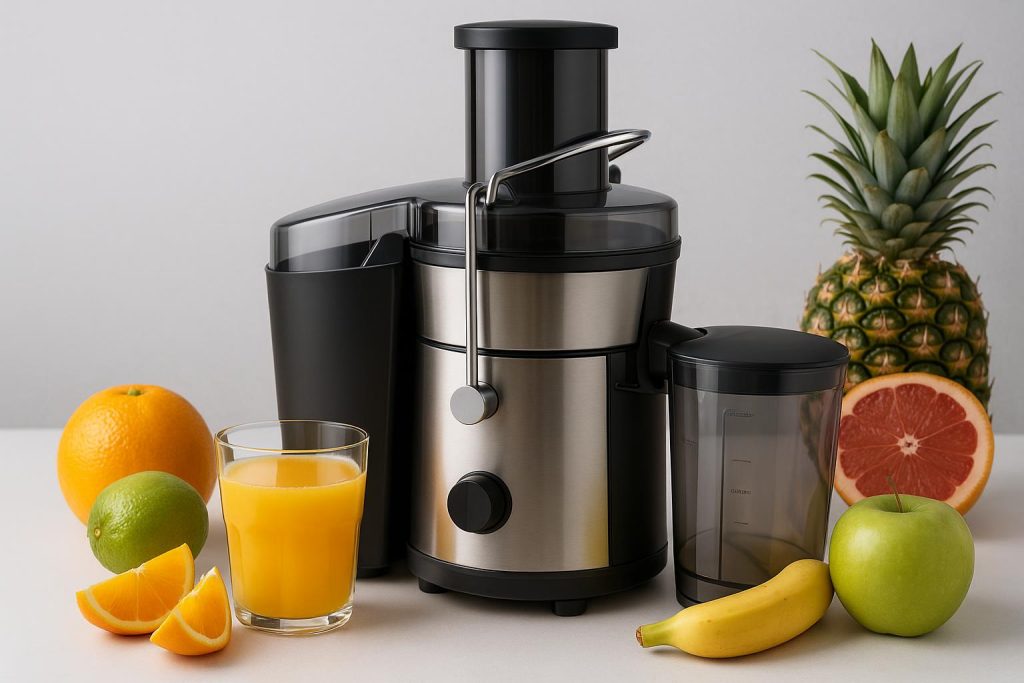 Top 8 Juicer Features To Look For When Upgrading Your Kitchen Appliance Modern juicer on kitchen countertop with fresh fruits and vegetables ready for juicing