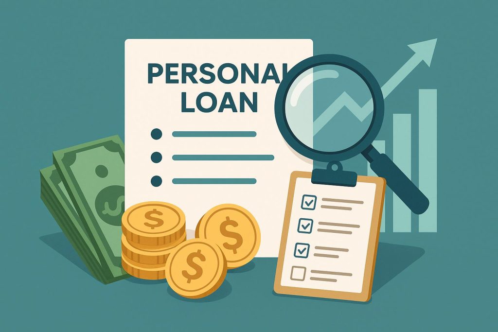 Stack of loan documents, calculator, and pen symbolizing personal loan selection and comparison