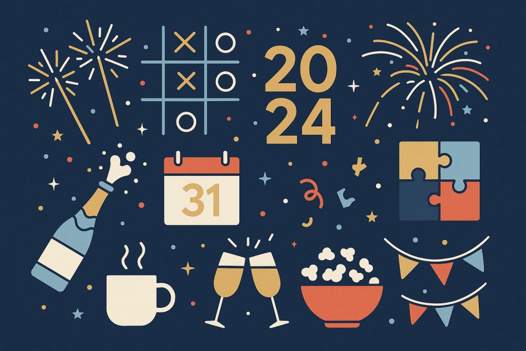 Festive decorations and party supplies arranged for New Year celebration activities