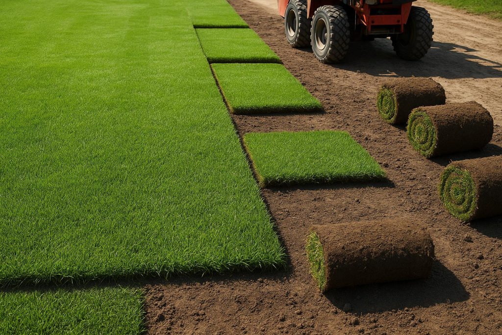 Freshly installed sod on a green Atlanta lawn, showcasing professional landscaping results