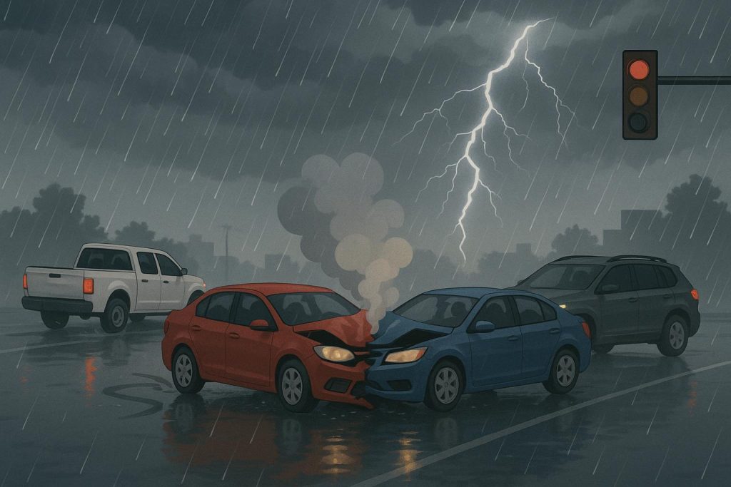 How Weather Impacts Car Accident Claims: What Drivers Need to Know Cars skidding on wet road during rain, illustrating weather-related accident risks and liability