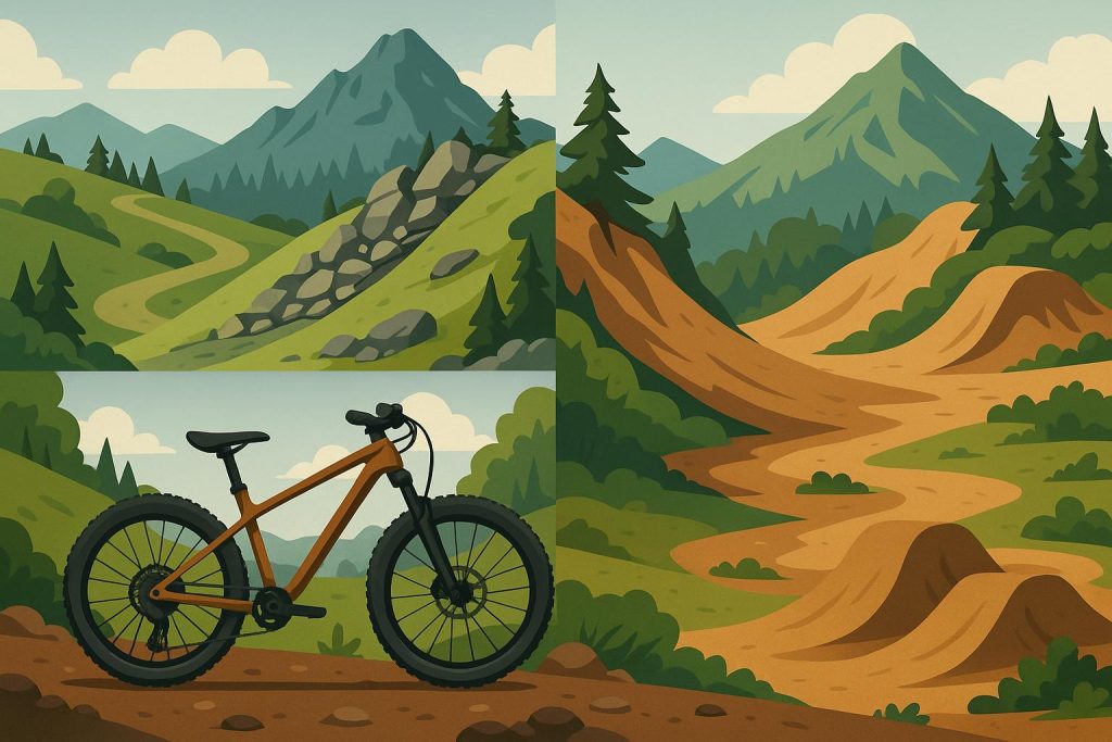 Mountain biker riding a trail, showcasing key mountain biking disciplines in scenic terrain