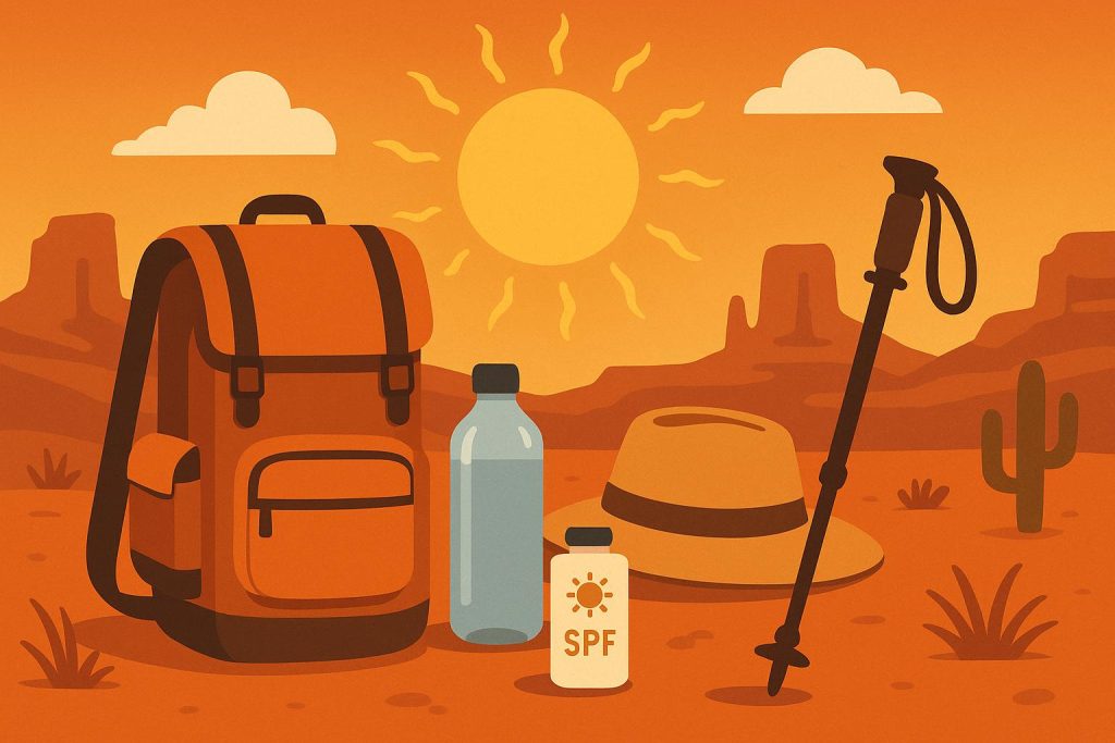 Warren Petersen: Practical Tips for Hiking Safely in Hot Weather Trail hiker with backpack walking through sunny, dry landscape under blue sky for hot weather safety