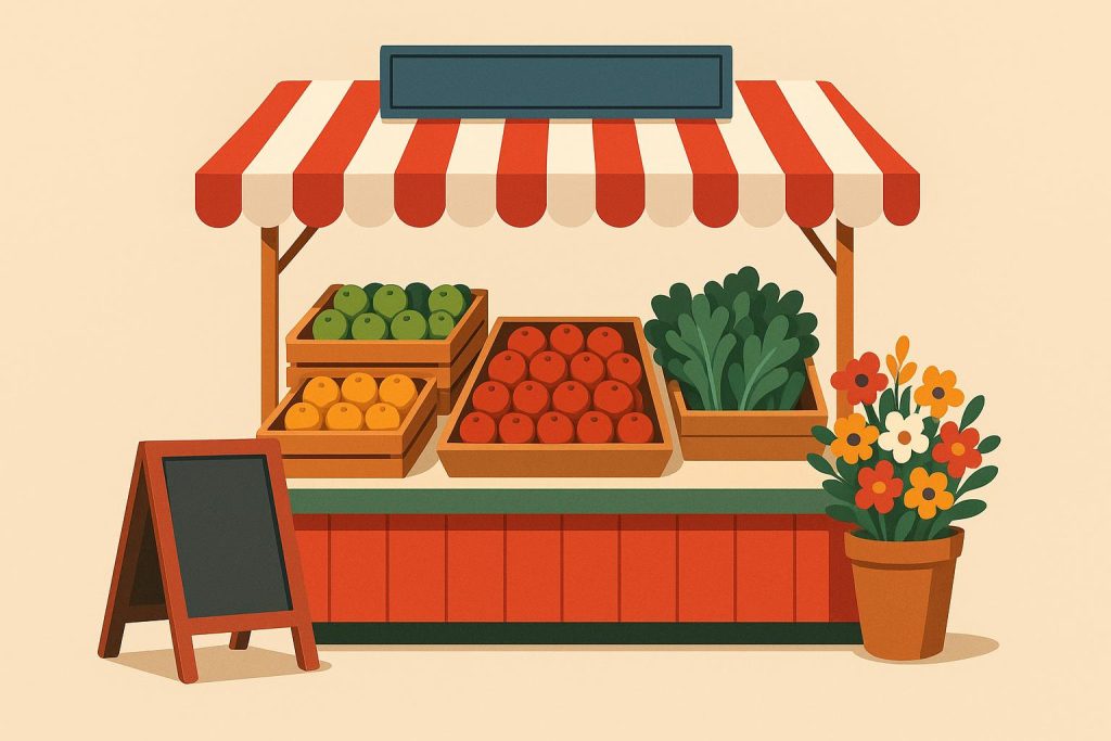 Colorful market stall with eye-catching banners, creative displays, and vibrant product arrangement