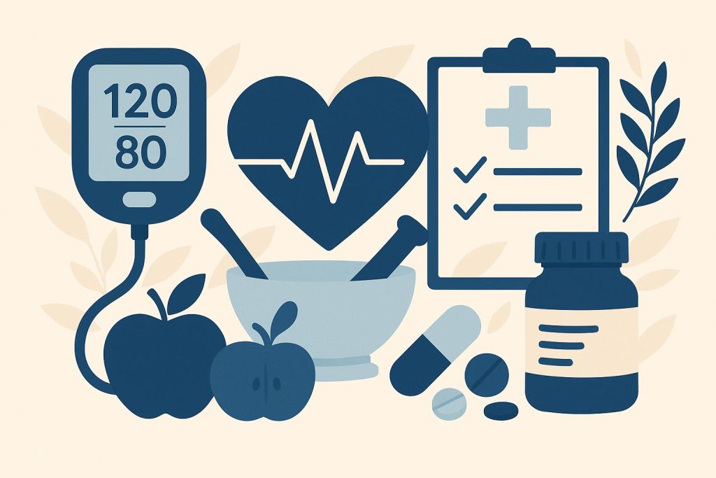 Blood pressure monitor and healthy foods symbolizing hypertension prevention for older adults