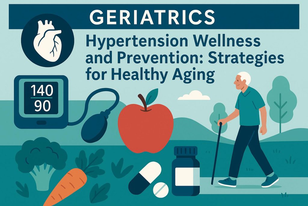 Blood pressure monitor, healthy foods, and stethoscope representing hypertension prevention in aging