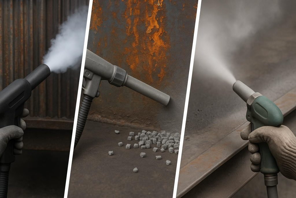 Industrial cleaning equipment showing dry ice, sponge, and abrasive blasting methods in use