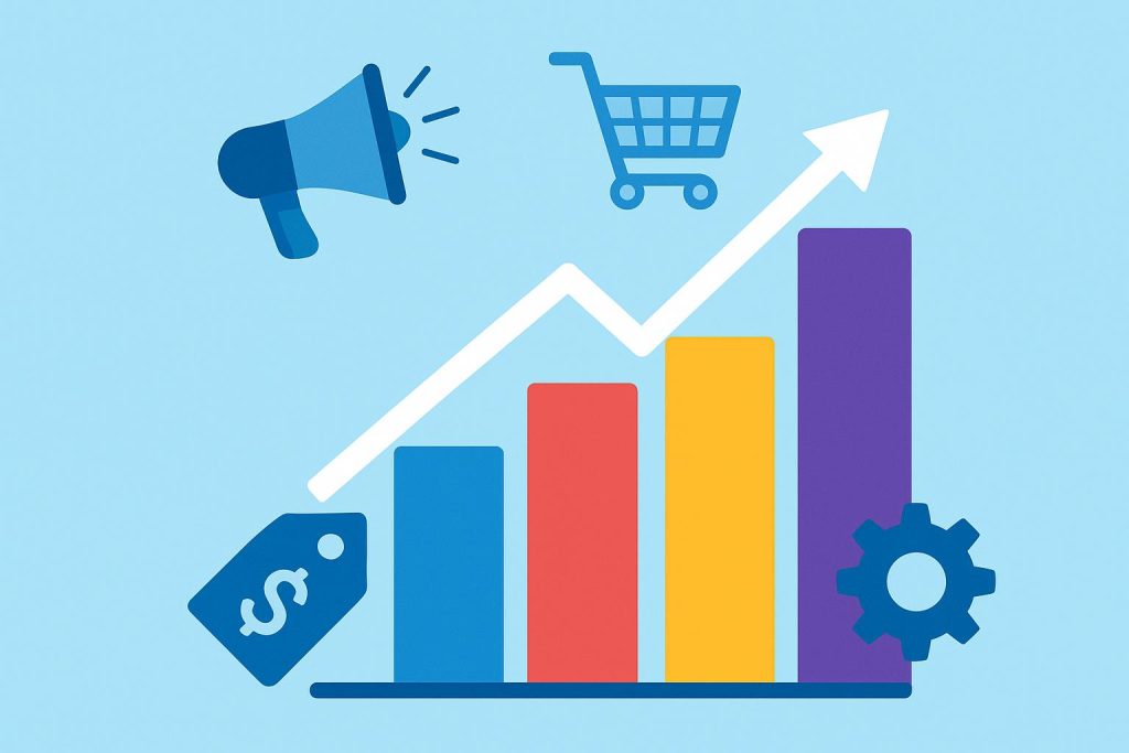 Marketing strategy concept illustrating product, price, place, and promotion for business growth