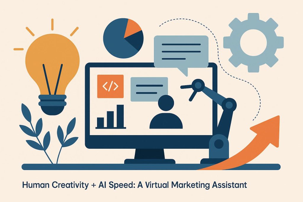 Human Creativity + AI Speed: The New Workflow of a Virtual Marketing Assistant Abstract representation of artificial intelligence boosting creative digital marketing strategies.