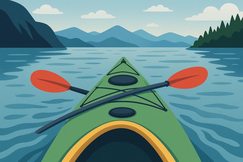 Kayaker paddling on calm water, demonstrating essential safety gear and proper kayaking technique