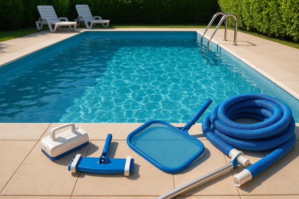 Sparkling blue swimming pool with clean water and professional pool maintenance equipment